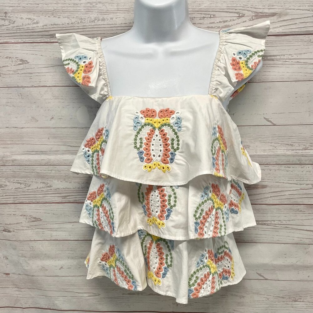 Caroline Constas Embroidered Eylet Ruffle Top